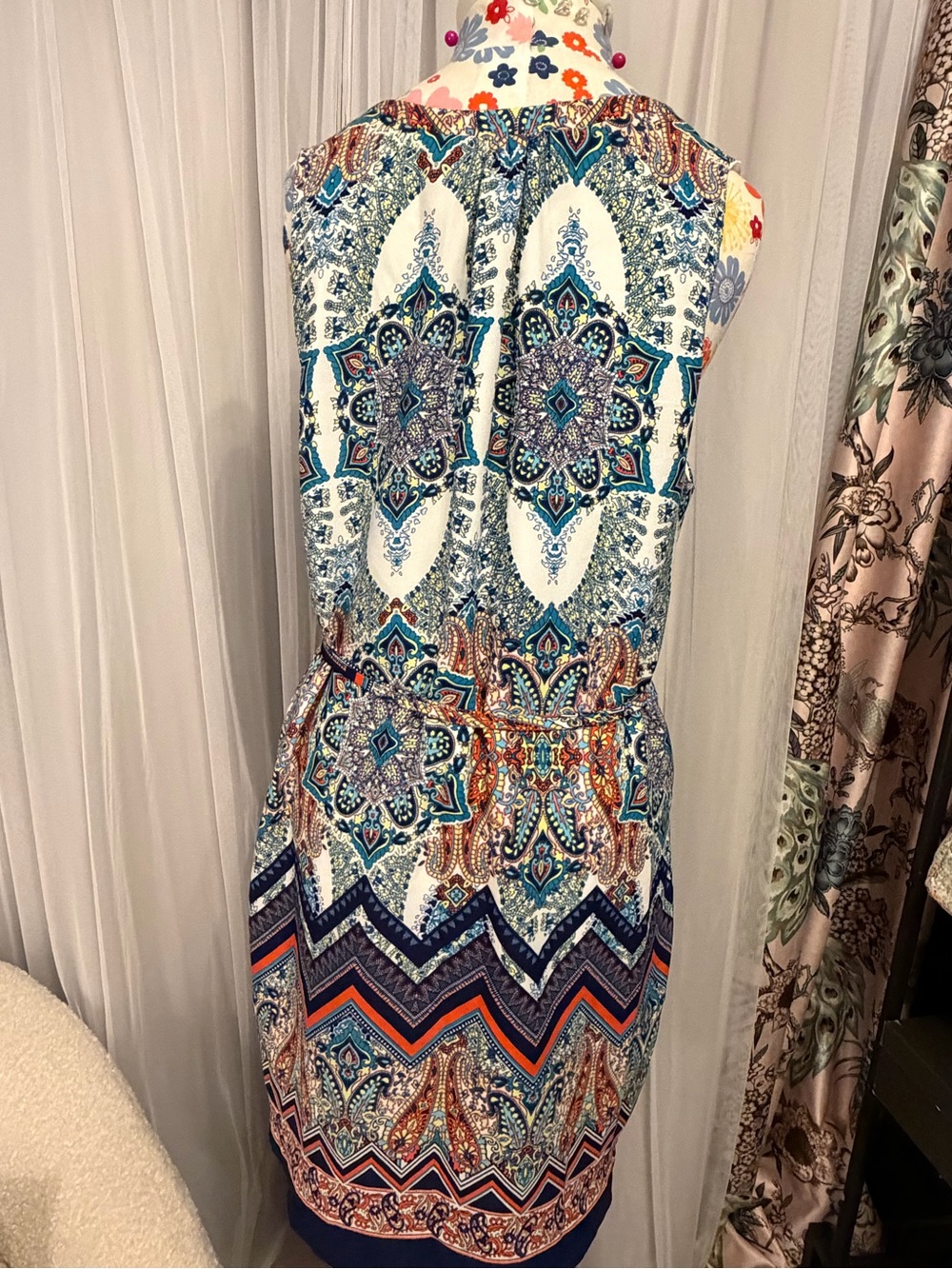 Renee C. Sleeveless V-Neck Paisley Chevron Mini Dress in Blue, Navy & Orange - Picture 3 of 4
